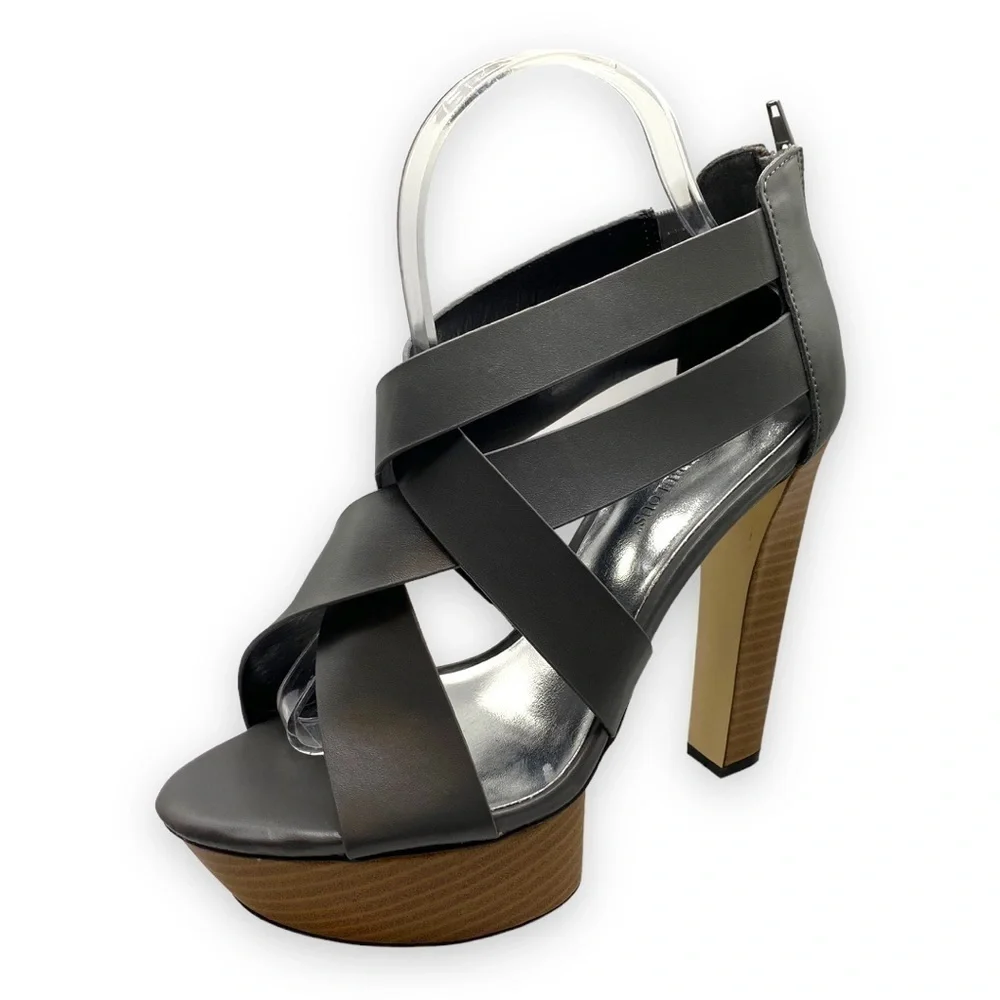 𝅺just Fab Hazel Gray and Brown Platform Heeled Sandals | Size 8.5